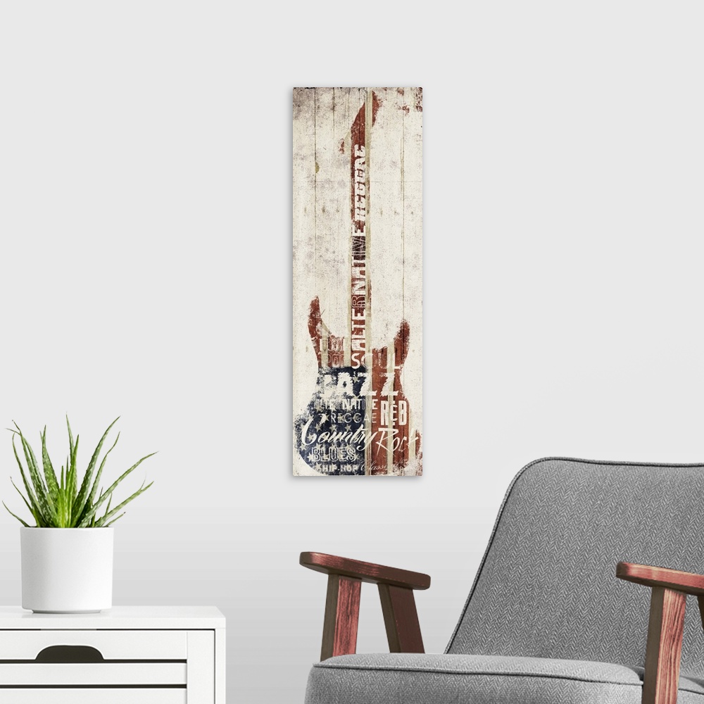 A modern room featuring An electric guitar embellished with music-themed words and an American Flag pattern.