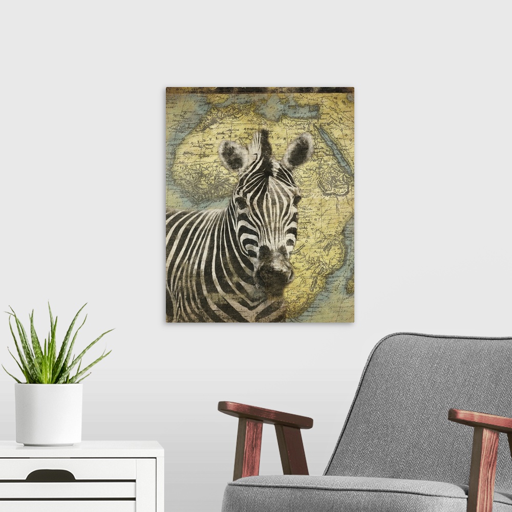 A modern room featuring Zebra on Africa map
