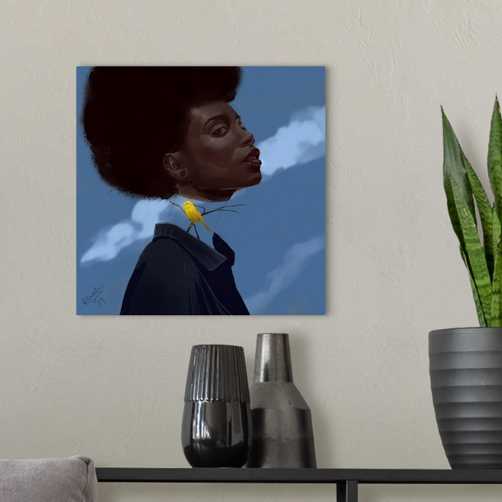 A modern room featuring Surrealist painting of a canary on a woman's neck.