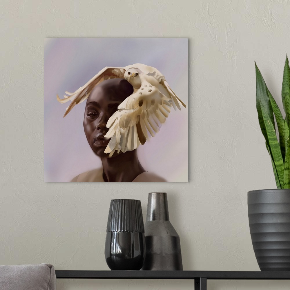 A modern room featuring A woman and her bird of prey.