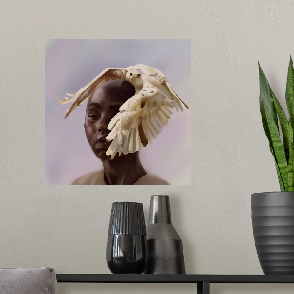 A modern room featuring A woman and her bird of prey.