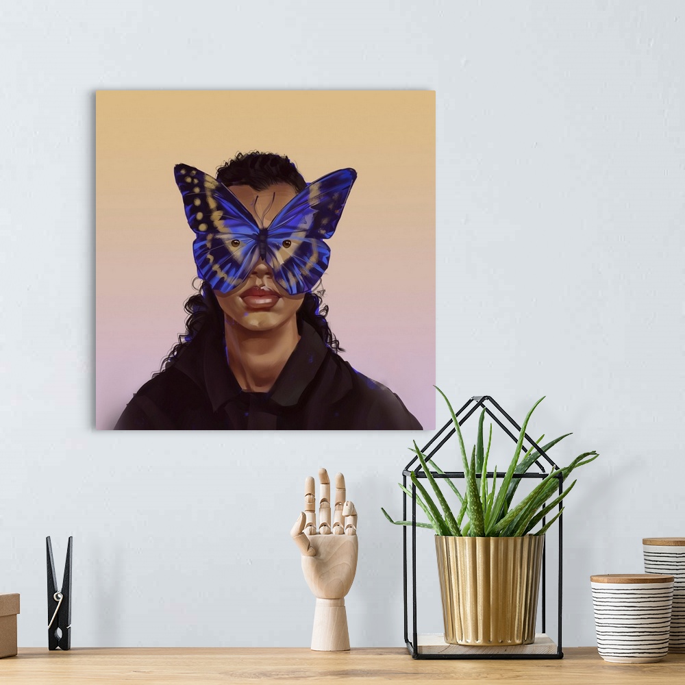 A bohemian room featuring A woman with cobalt butterfly frames.