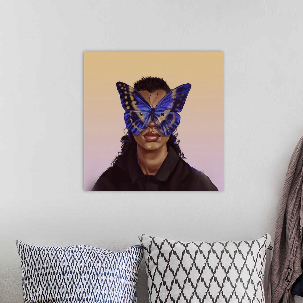 A bohemian room featuring A woman with cobalt butterfly frames.