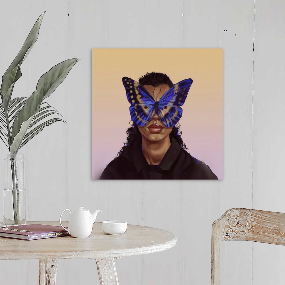 A farmhouse room featuring A woman with cobalt butterfly frames.