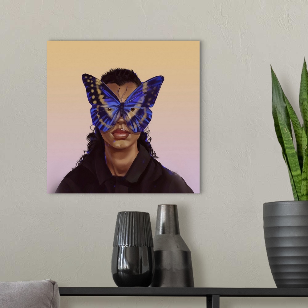 A modern room featuring A woman with cobalt butterfly frames.