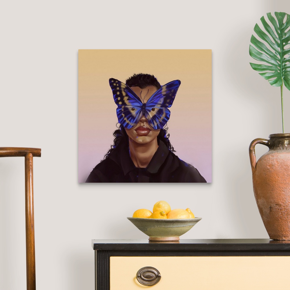 A traditional room featuring A woman with cobalt butterfly frames.