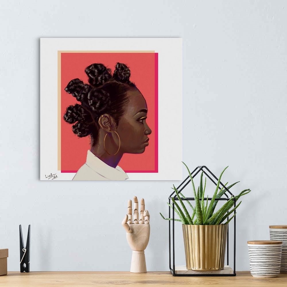 A bohemian room featuring A high impact contemporary portrait of a young Black woman with knotted hair and large gold hoop ...