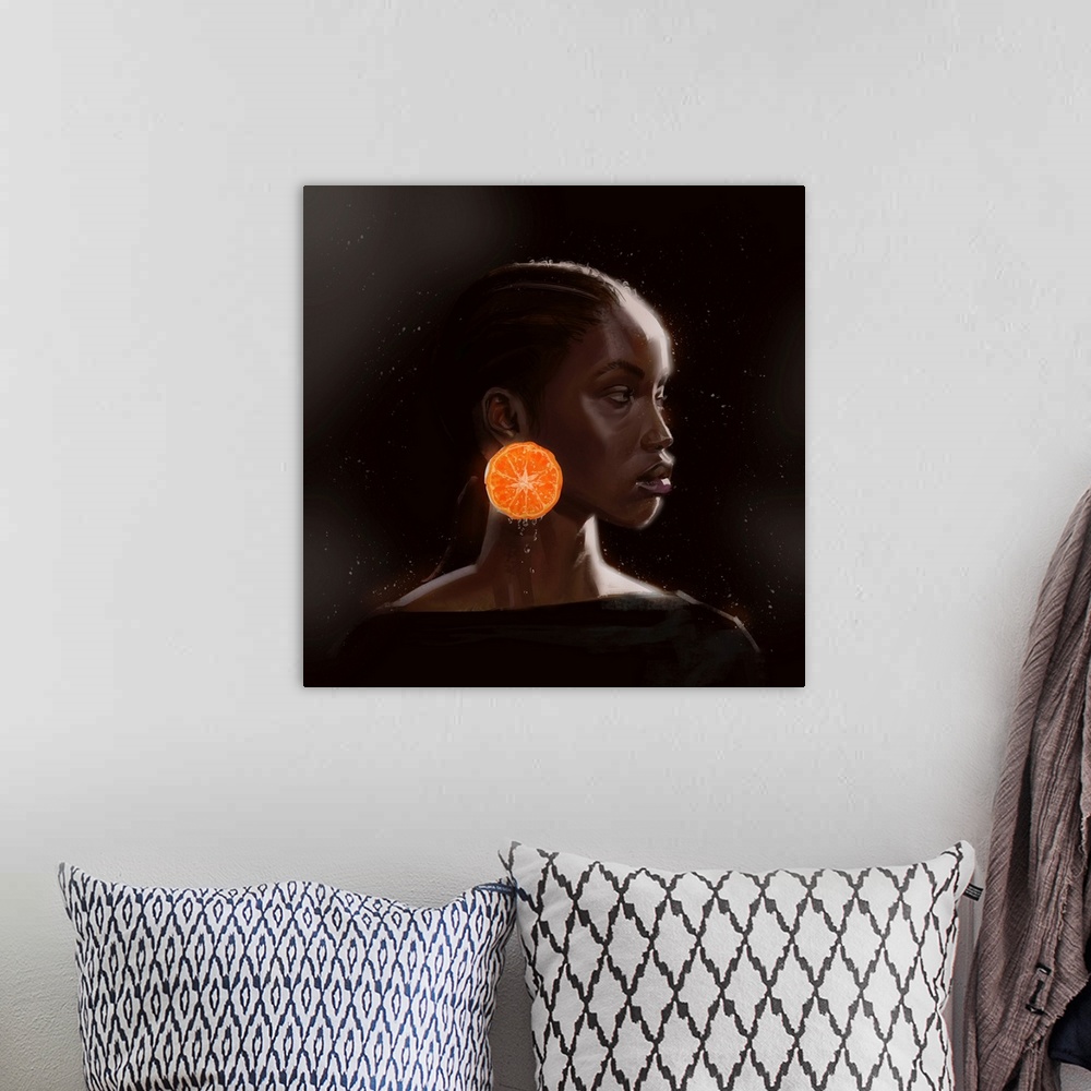 A bohemian room featuring Lady with her orange earrings.