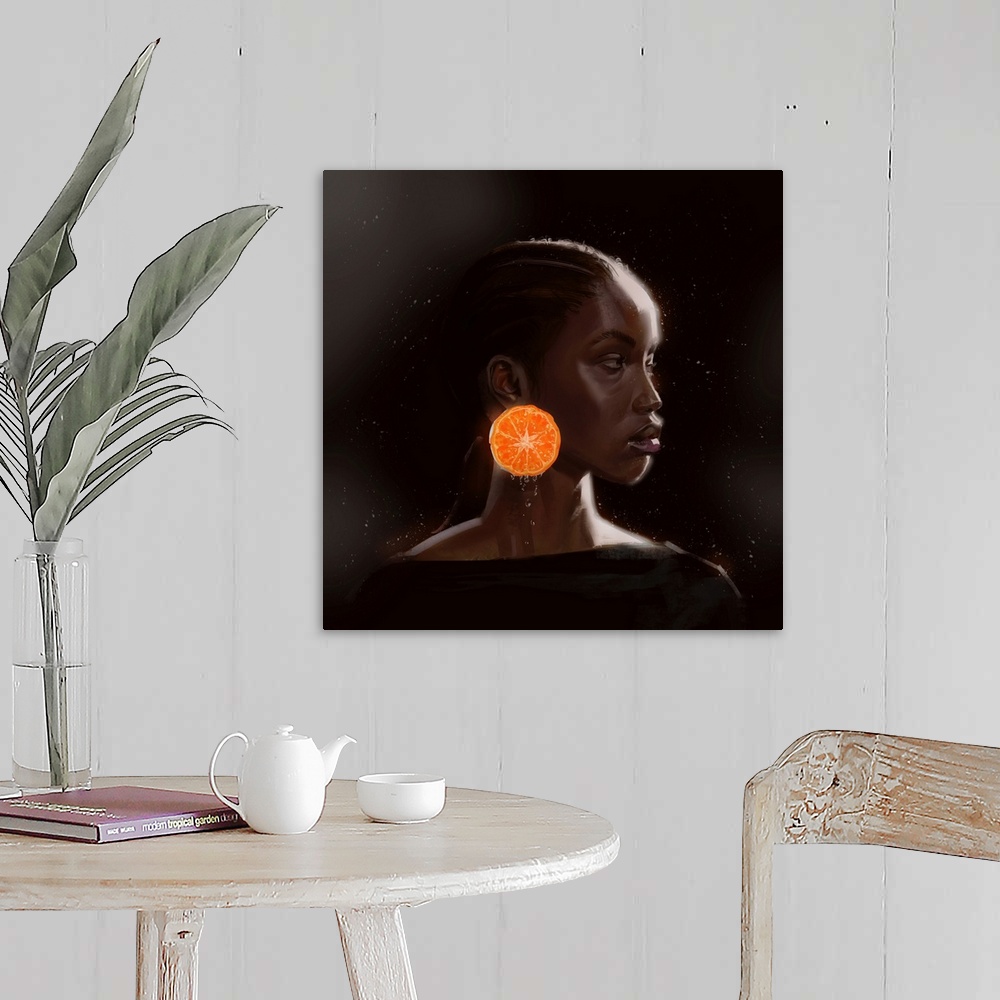 A farmhouse room featuring Lady with her orange earrings.