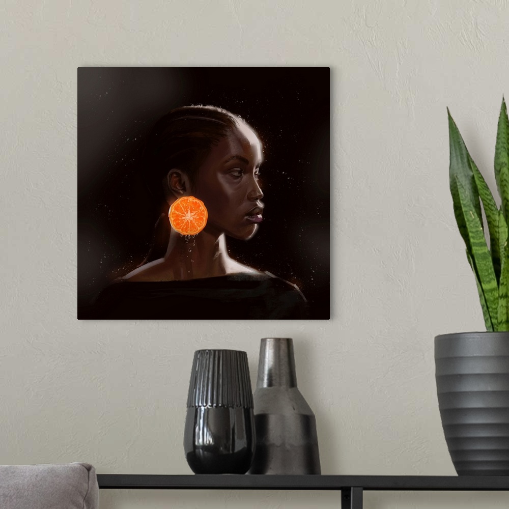 A modern room featuring Lady with her orange earrings.