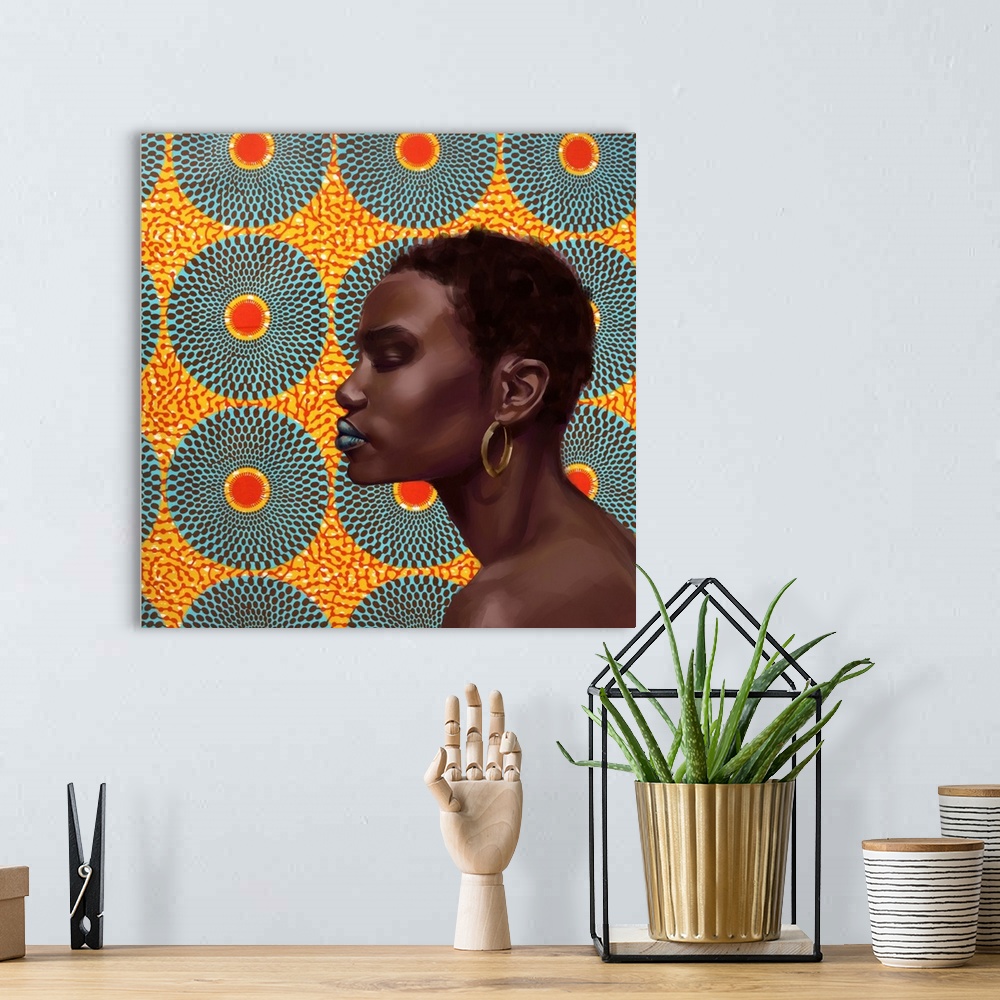 A bohemian room featuring A high impact contemporary portrait of a young Black woman with short hair and large gold hoop ea...