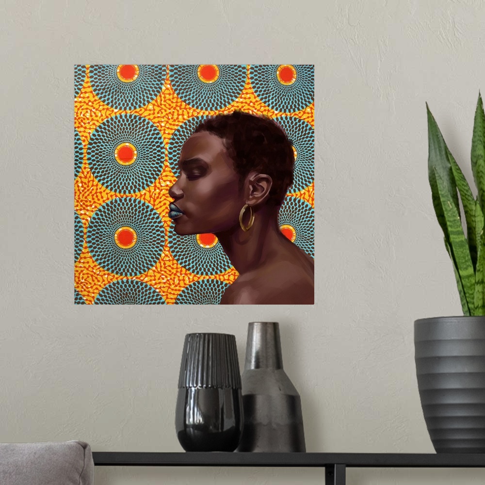 A modern room featuring A high impact contemporary portrait of a young Black woman with short hair and large gold hoop ea...