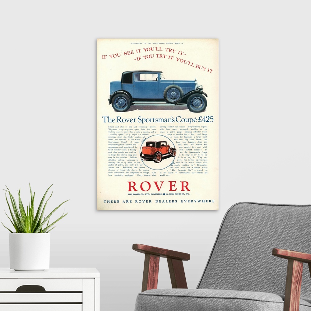 A modern room featuring 1920's UK Rover Magazine Advert