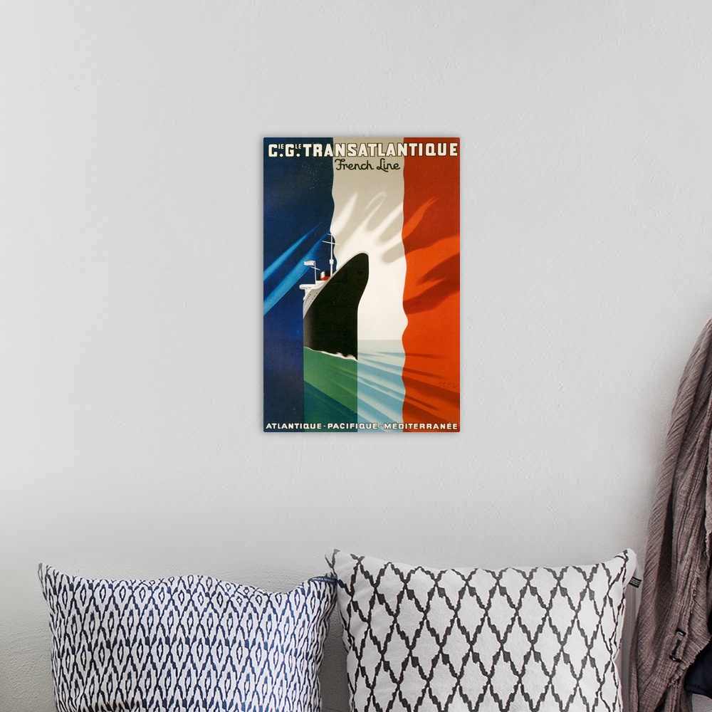 A bohemian room featuring 1940's France Transatlantique French Line Poster