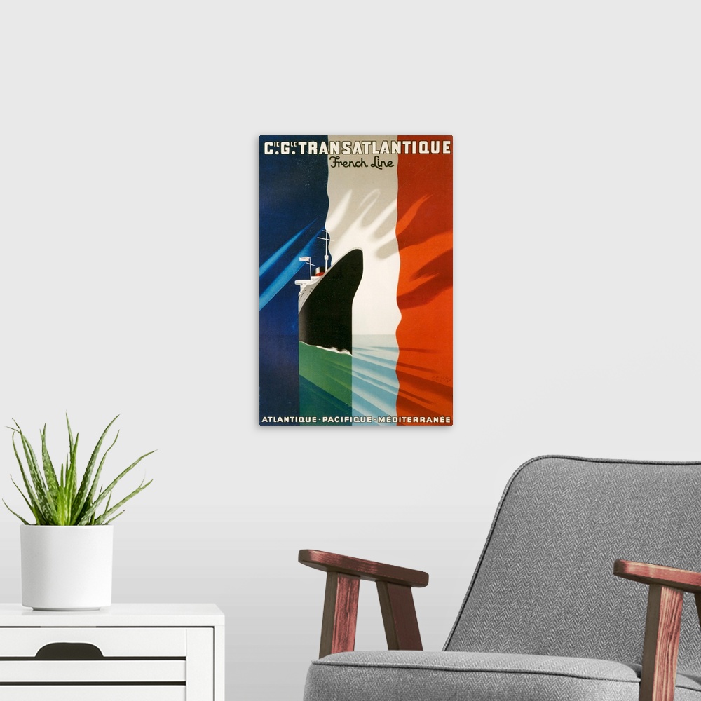 A modern room featuring 1940's France Transatlantique French Line Poster