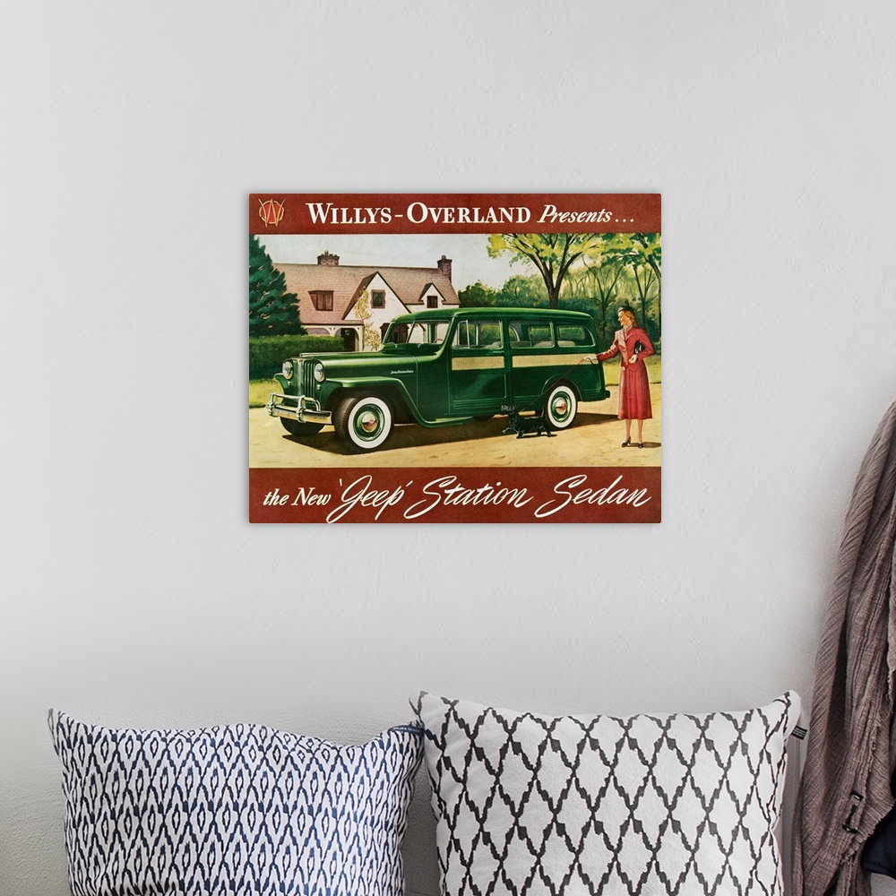A bohemian room featuring 1940s USA Willys Magazine Advert (detail)