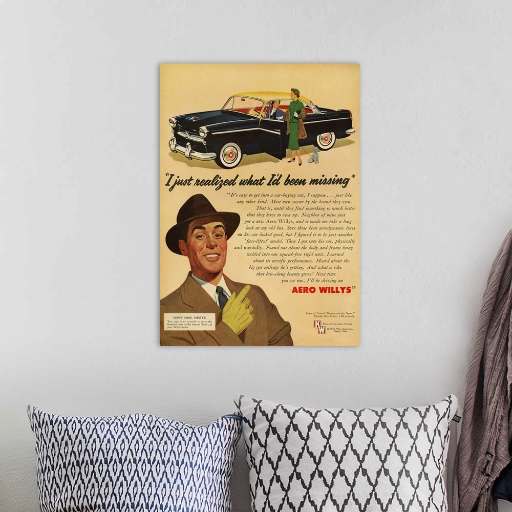 A bohemian room featuring Aero Willys Automobile Advertisement