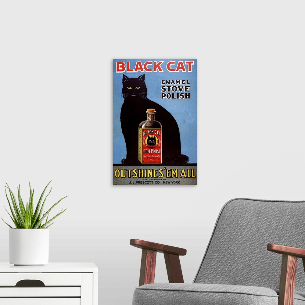 A modern room featuring .1920s.USA.cats black cat enamel stove polish products...
