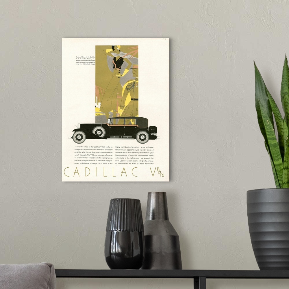 A modern room featuring Cadillac V-16 Automobile Advertisement