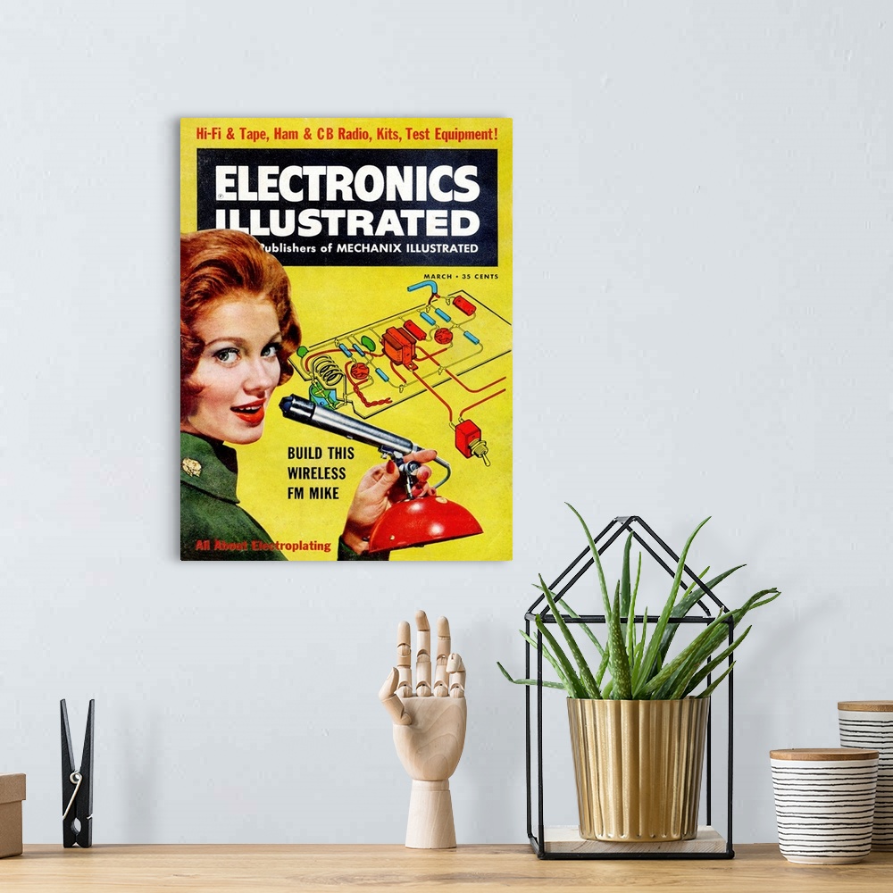 A bohemian room featuring 1960s USA Electronics Illustrated Magazine Cover