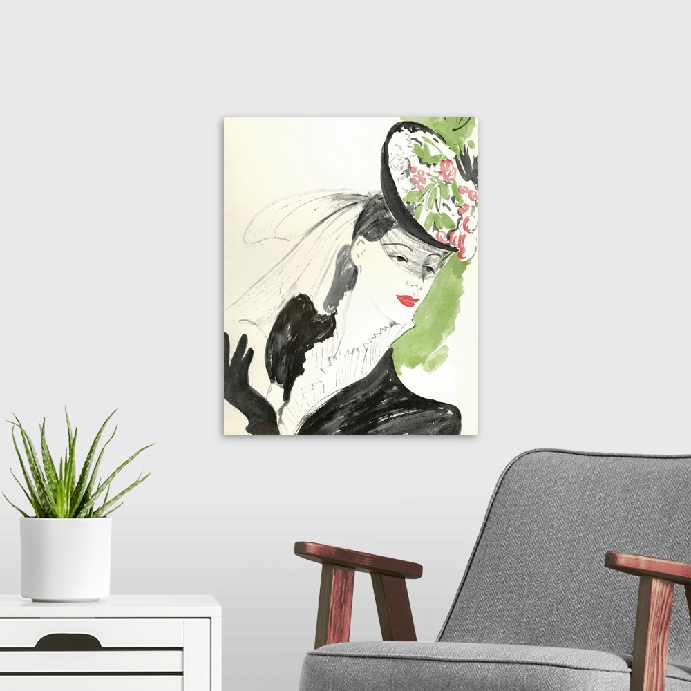A modern room featuring Fashion Artwork Poster, Floral Hat