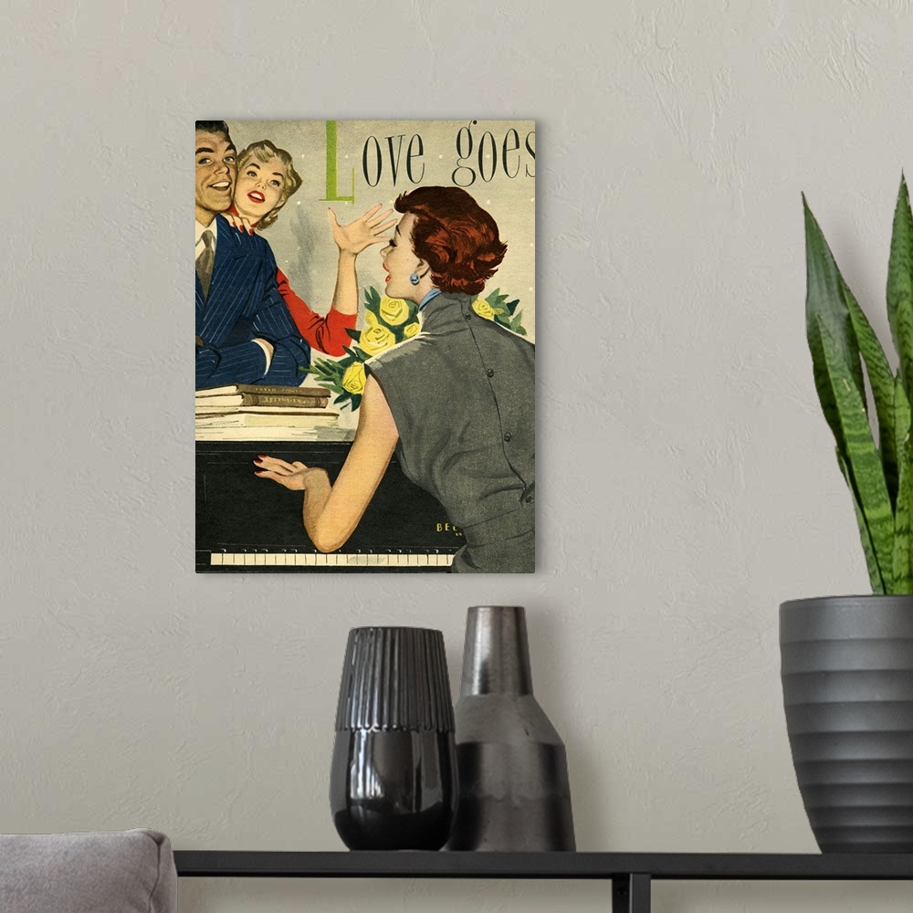 A modern room featuring 1950s UK Playing Pianos Magazine Plate