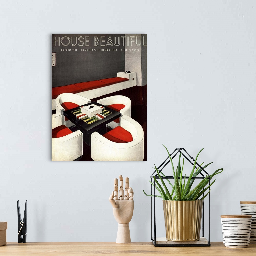 A bohemian room featuring House Beautiful.1930s.USA.furniture backgammon board games magazines interiors...