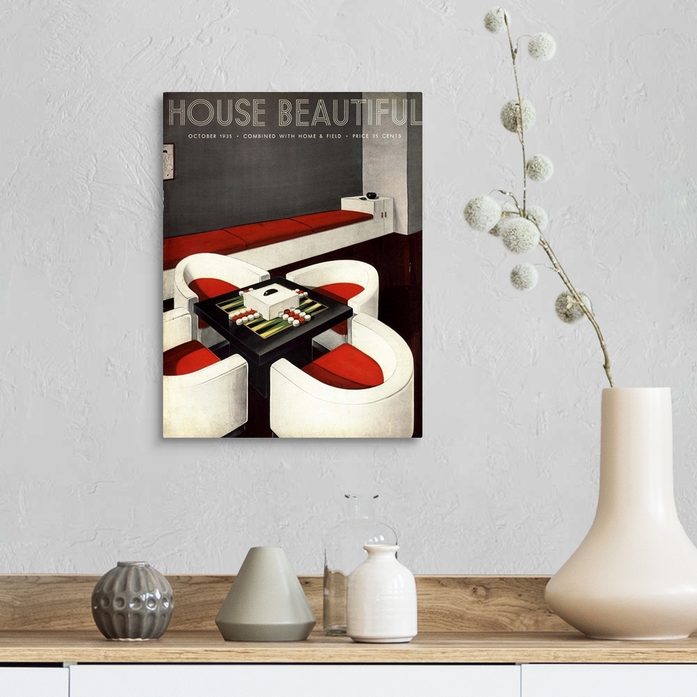 A farmhouse room featuring House Beautiful.1930s.USA.furniture backgammon board games magazines interiors...
