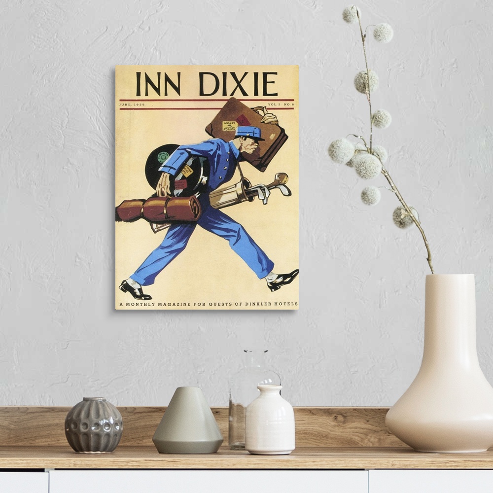 A farmhouse room featuring Inn Dixie.1930s.USA.golf luggage bell boys magazines...