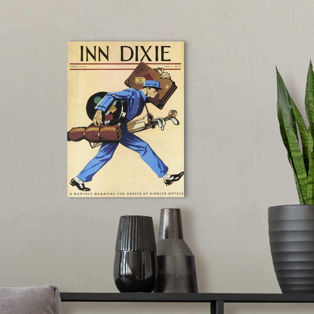 A modern room featuring Inn Dixie.1930s.USA.golf luggage bell boys magazines...