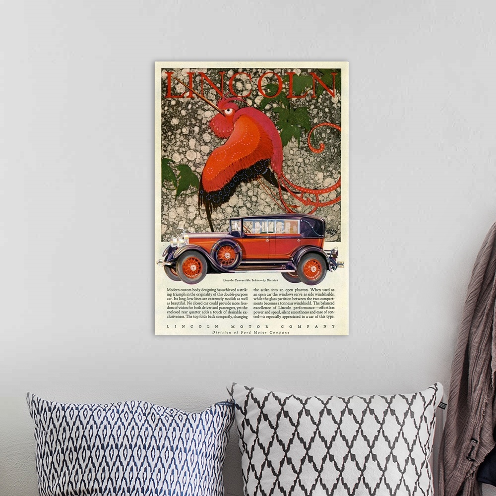A bohemian room featuring Lincoln Automobile Advertisement