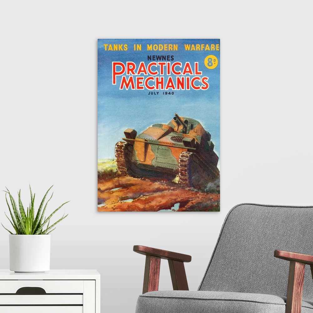 A modern room featuring 1940s UK Practical Mechanics Magazine Cover