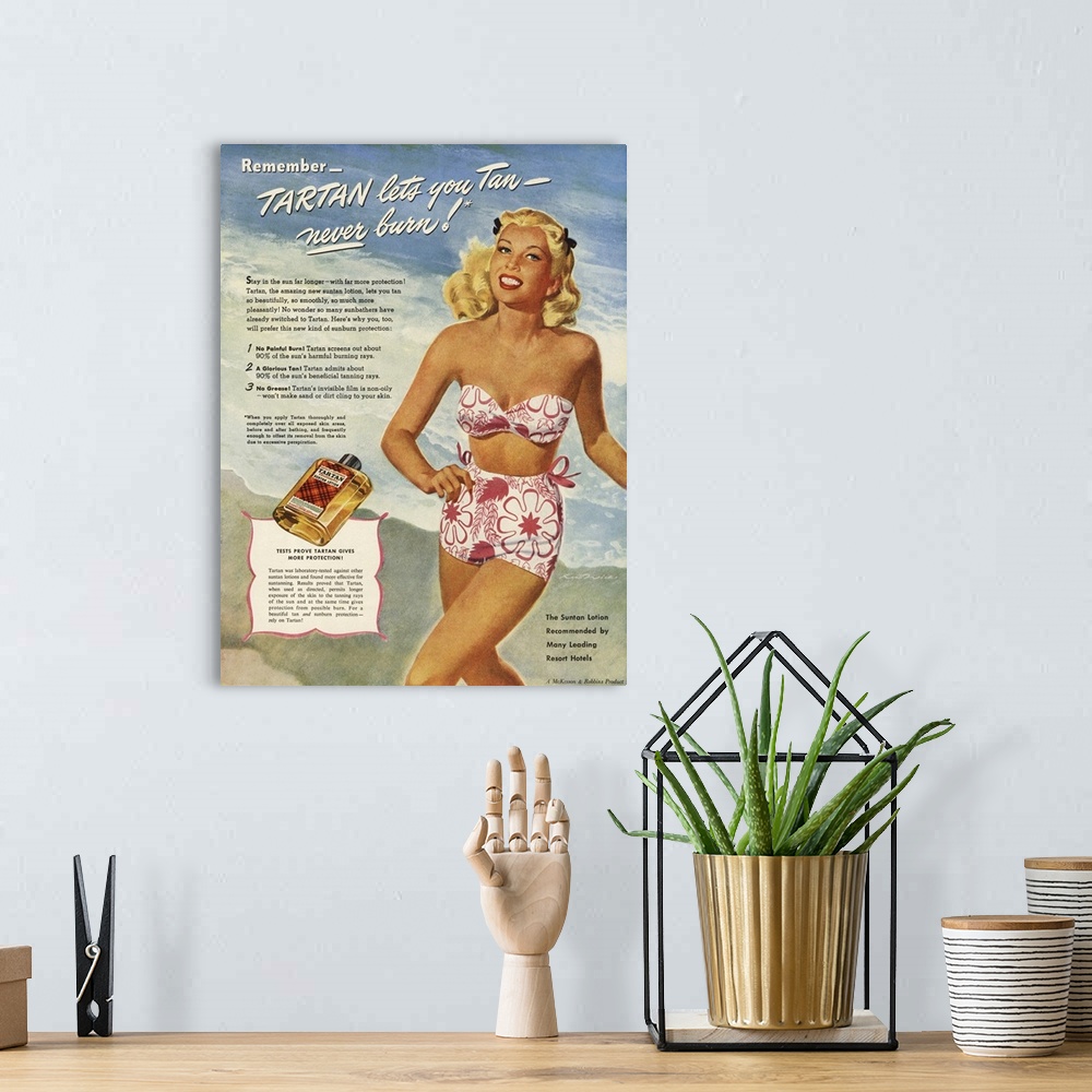 A bohemian room featuring .1940s.USA.tartan   lotions swim suits swimwear swimming  creams costumes womens  suntans sunbath...