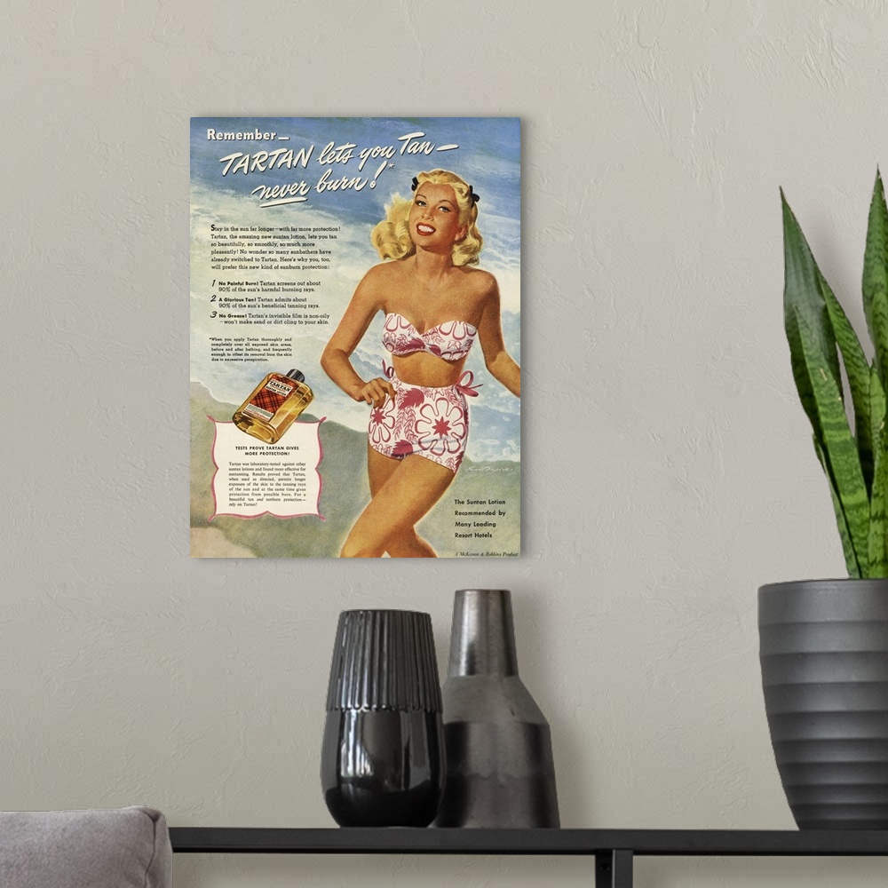 A modern room featuring .1940s.USA.tartan   lotions swim suits swimwear swimming  creams costumes womens  suntans sunbath...