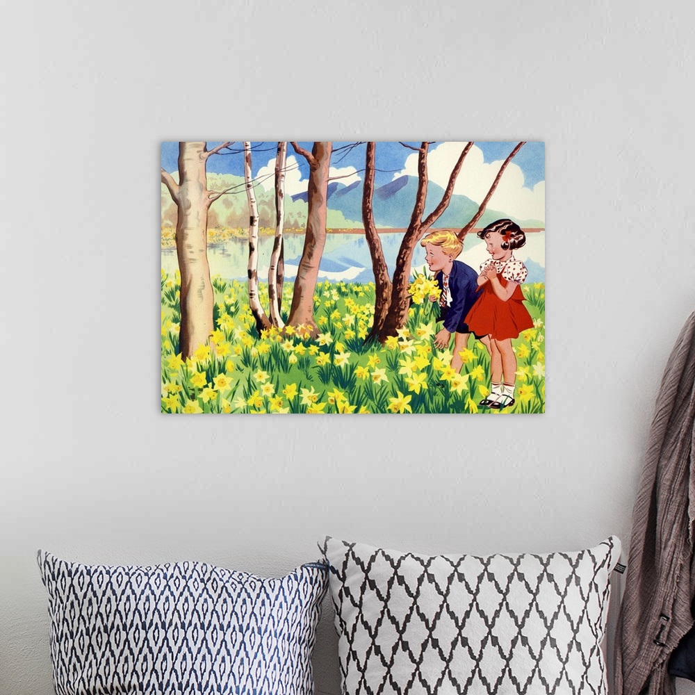A bohemian room featuring Two children Picking Flowers In The Forest