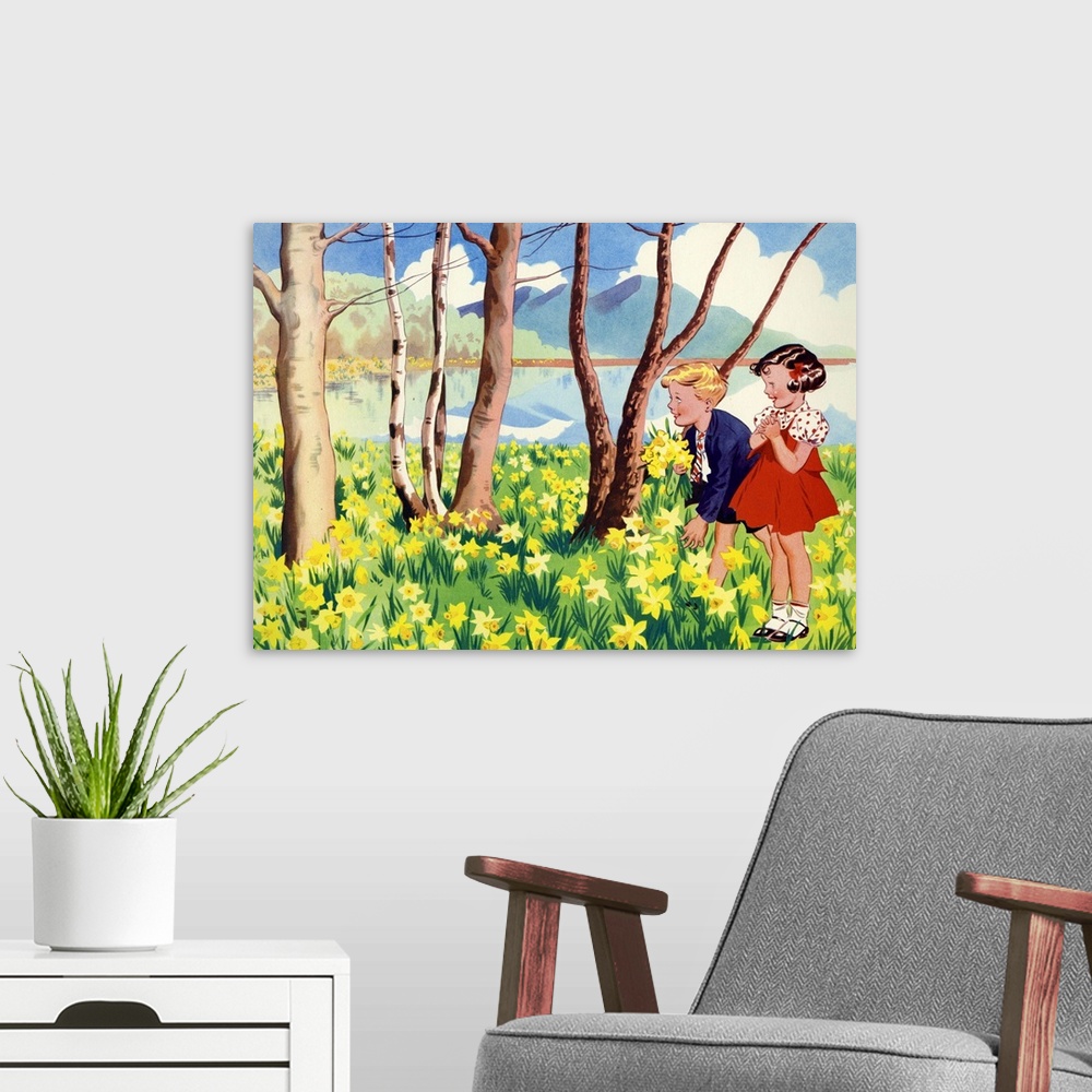 A modern room featuring Two children Picking Flowers In The Forest