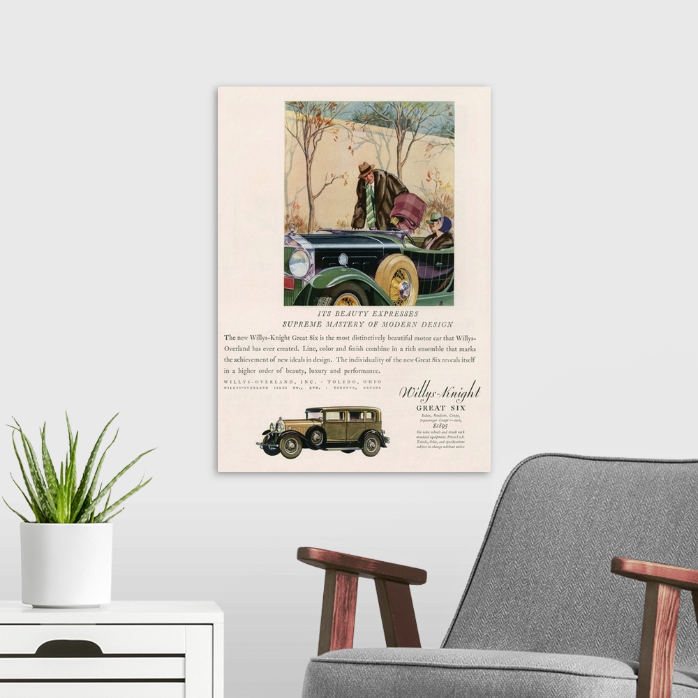 A modern room featuring Willys-Knight Great Six Automobile Advertisement