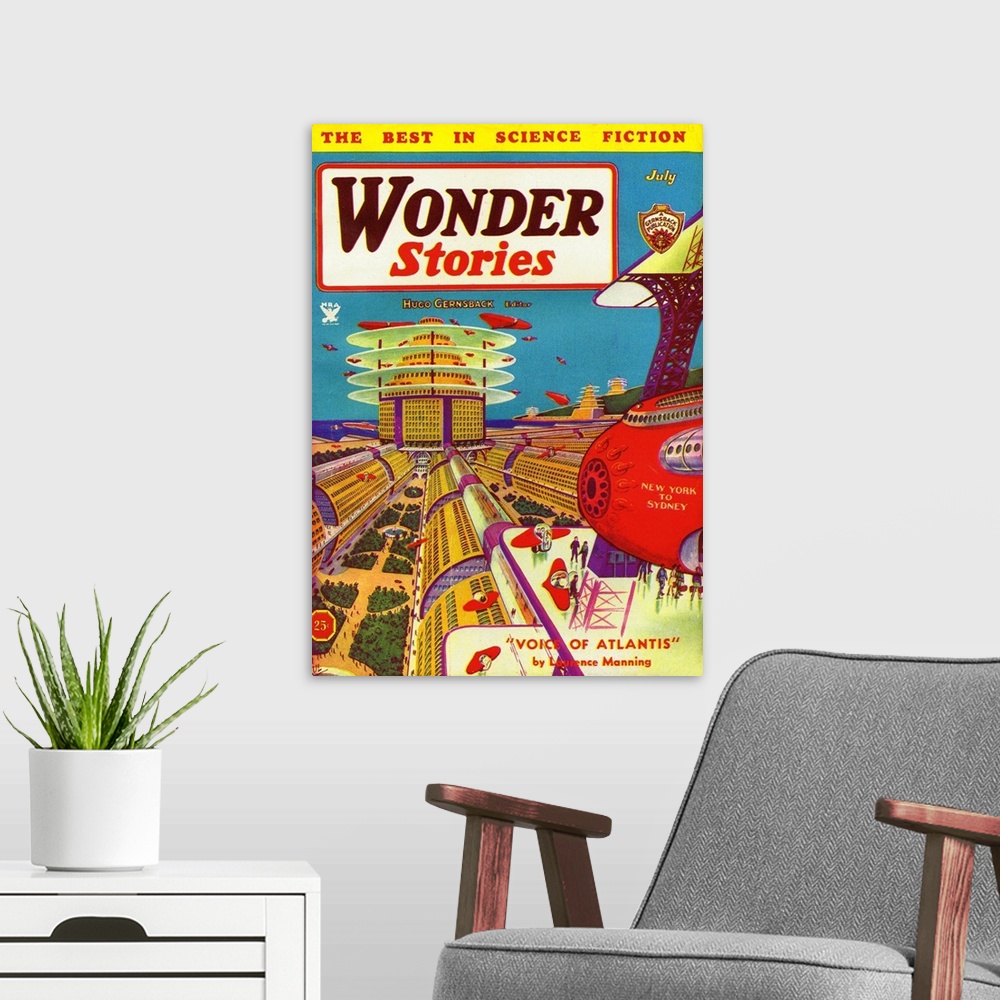 A modern room featuring Wonder Stories, July