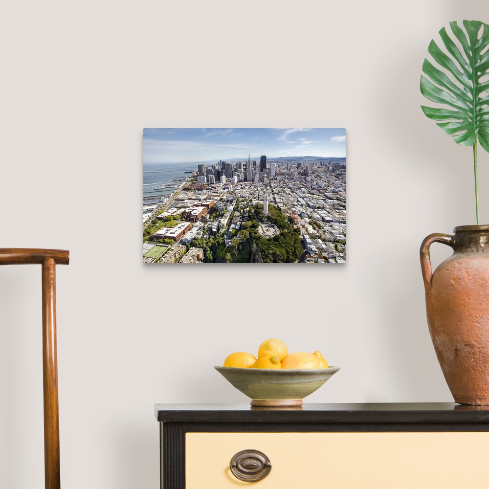 A traditional room featuring Aerial photography of skyscrapers in downtown San Francisco.