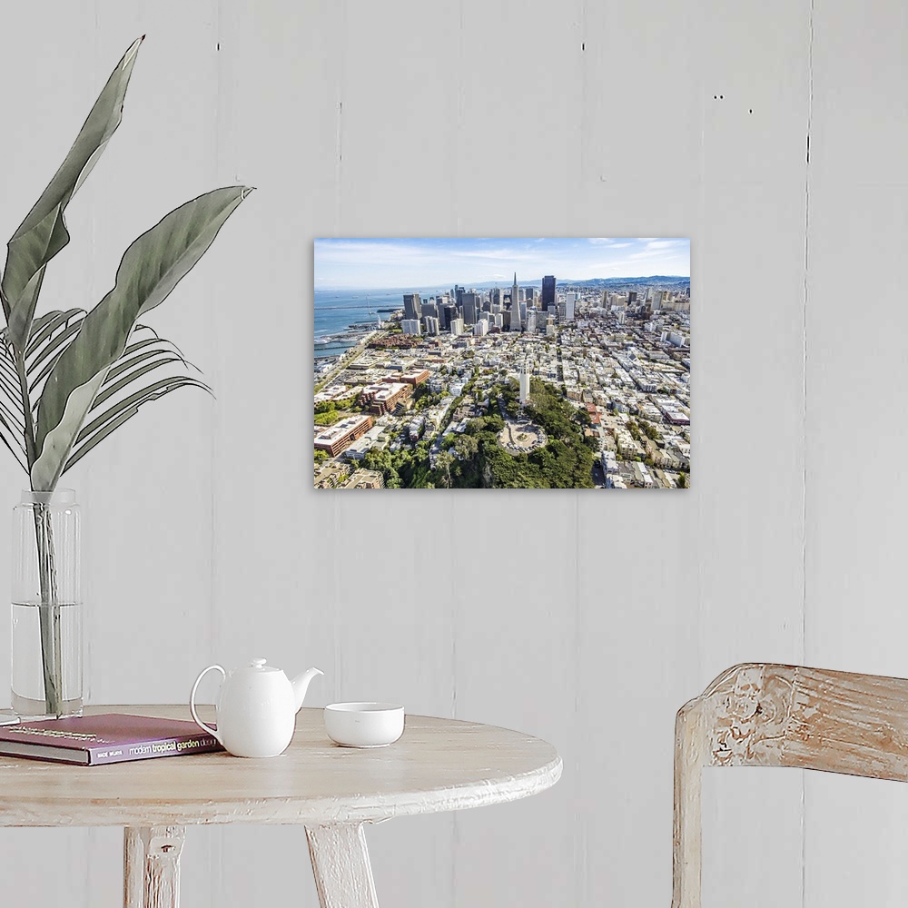 A farmhouse room featuring Aerial photography of skyscrapers in downtown San Francisco.