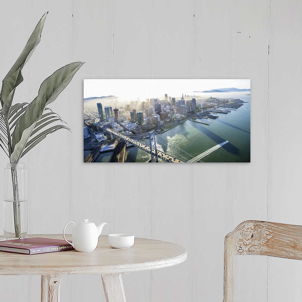 A farmhouse room featuring Aerial photograph of the city of San Francisco with the Bay Bridge in the morning.