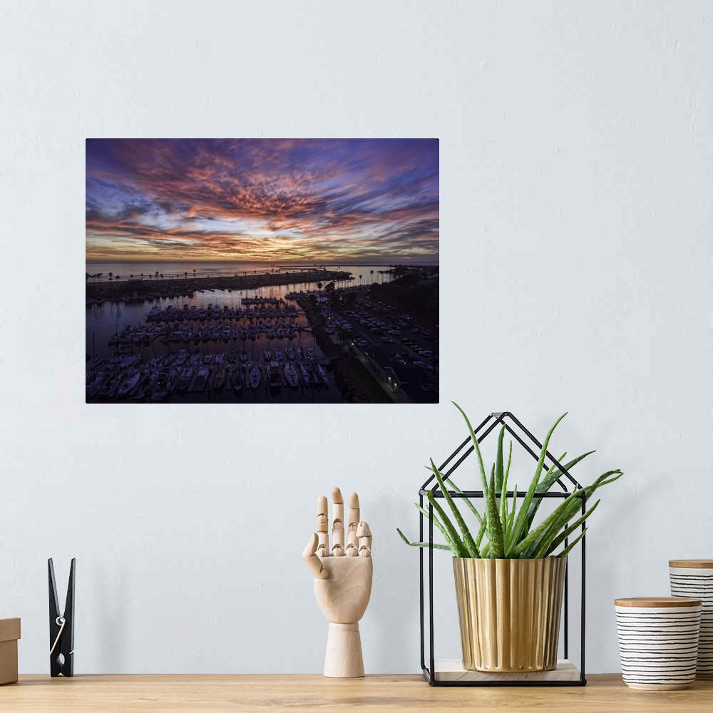 A bohemian room featuring Pink skies at the Oceanside Harbor - Aerial Panoramic at sunset in Oceanside.