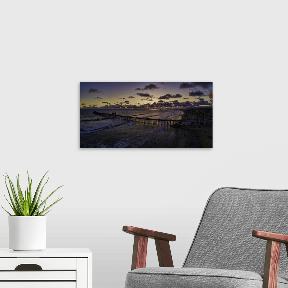 A modern room featuring Aerial Sunset Panoramic at the Oceanside Pier. Oceanside is 35 miles North of San Diego, Californ...