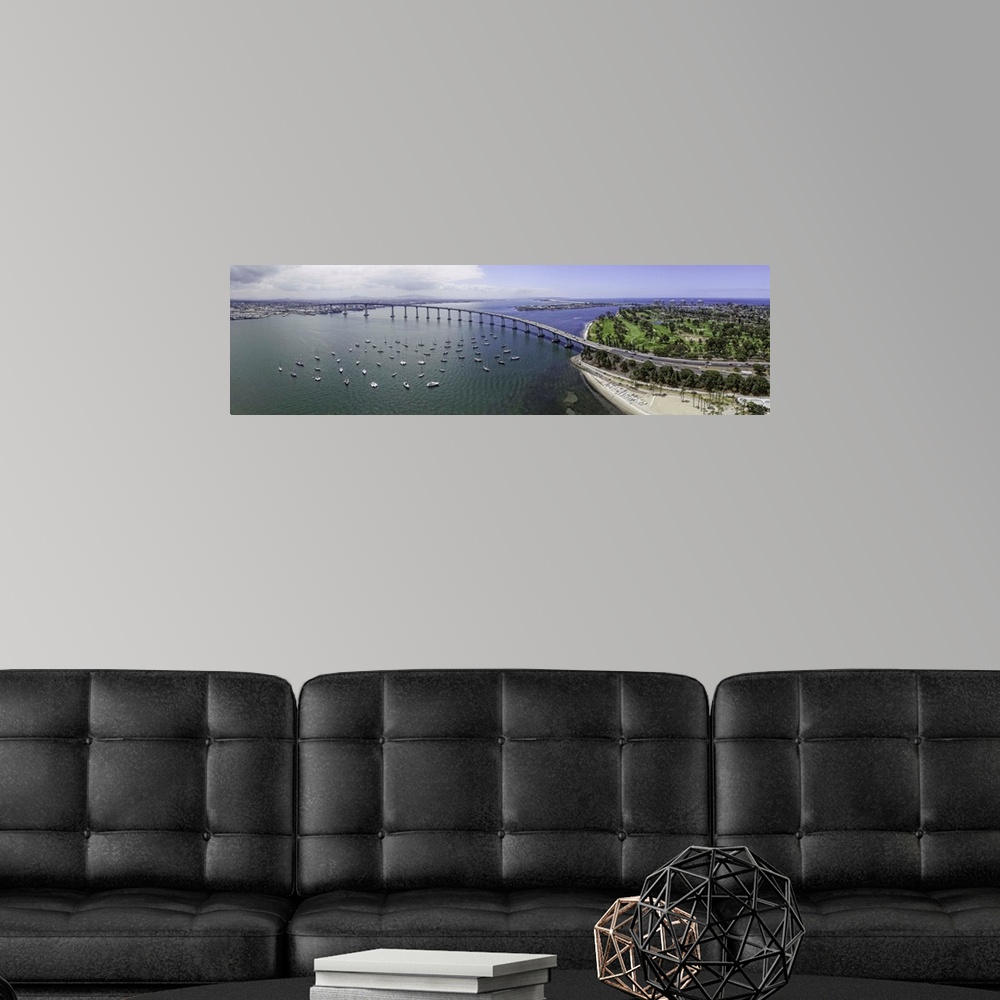 A modern room featuring San Diego's Coronado Bridge is over 11,000' long and is an iconic landmark in San Diego joining t...