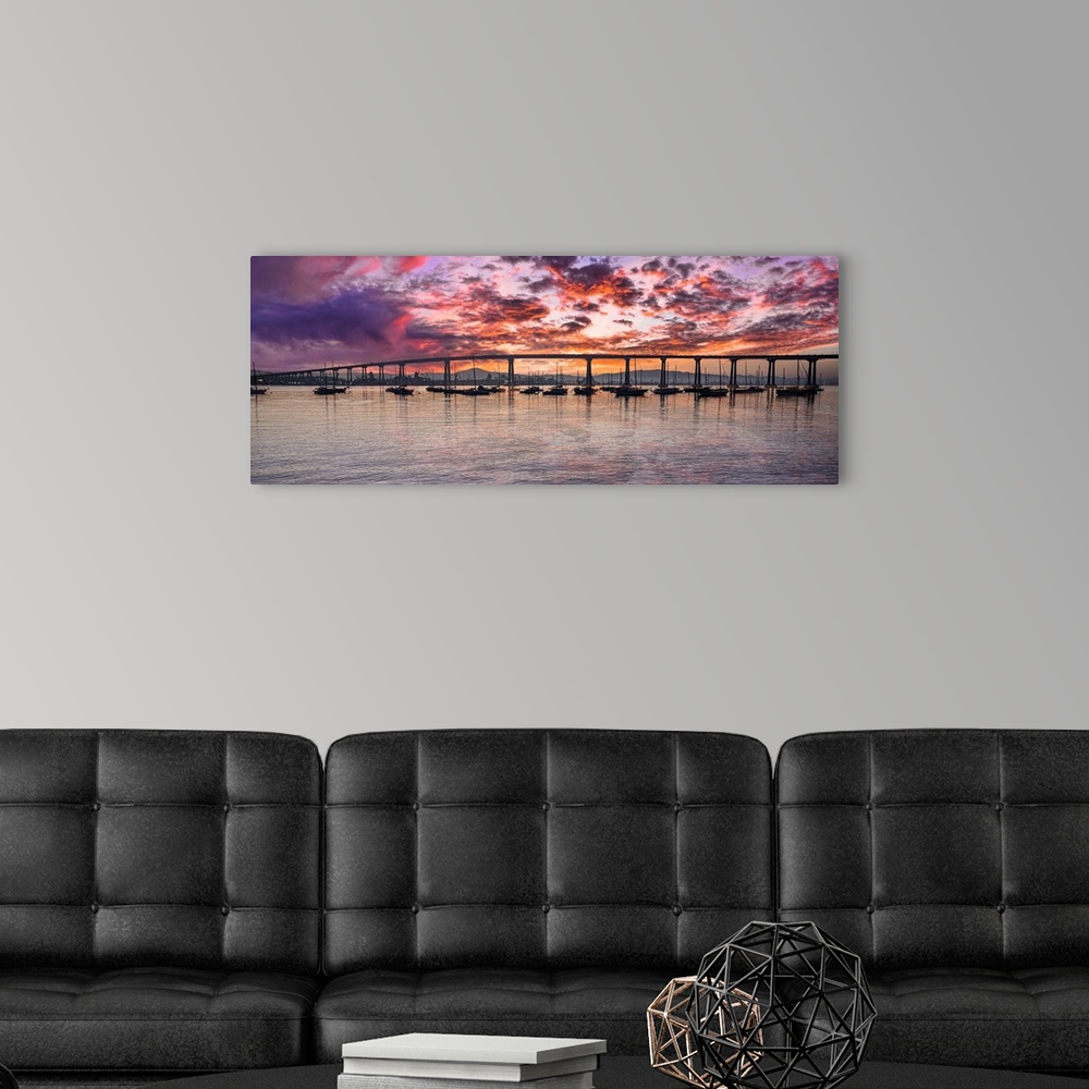 A modern room featuring This is a panoramic capture of the Coronado Bridge in San Diego, California, USA. Image taken jus...