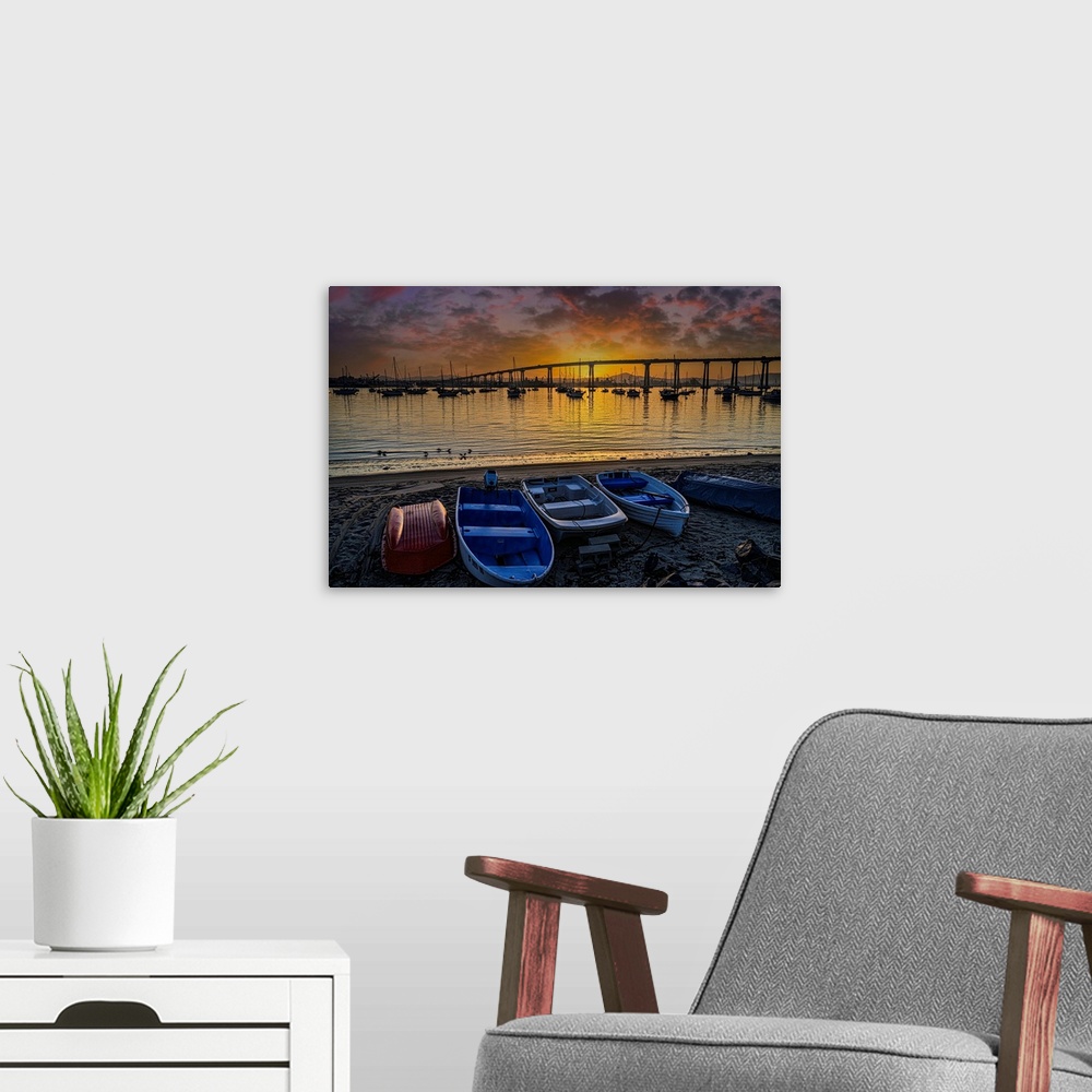 A modern room featuring The Coronado Bridge spans the City of San Diego to Coronado Island. This image taken before sunri...