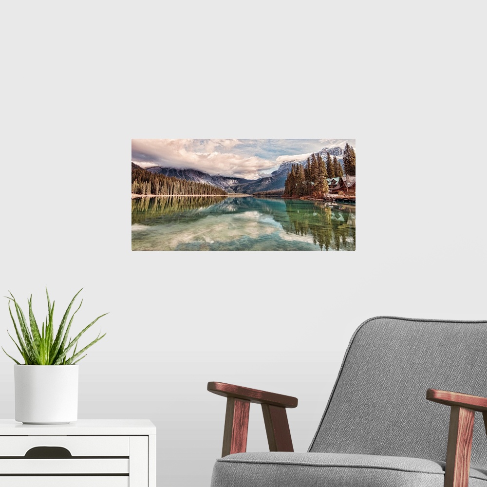 A modern room featuring Emerald Lake is located in Yoho National Park, British Columbia, Canada. It is the largest of Yoh...