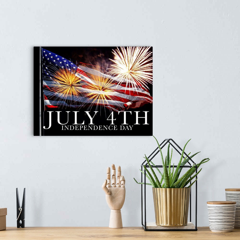 A bohemian room featuring Fourth of July celebration with American flag and fireworks