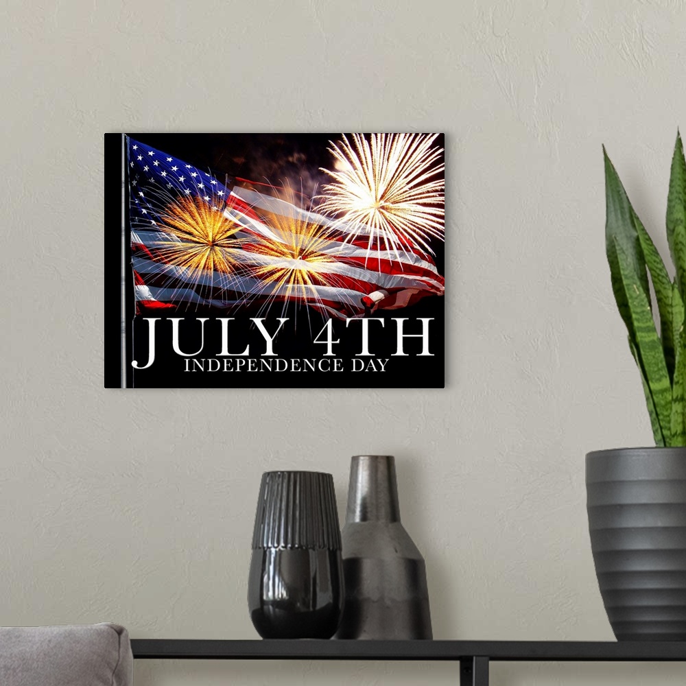 A modern room featuring Fourth of July celebration with American flag and fireworks