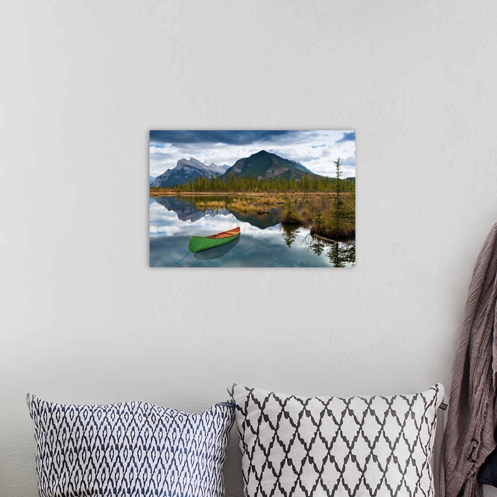A bohemian room featuring A view across Vermilion Lakes towards Mount Rundle and the town of Banff. Banff National Park, Al...